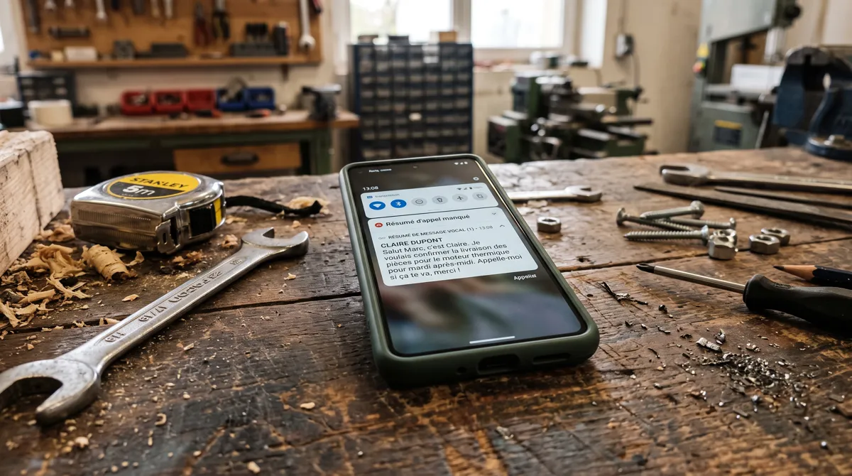 Smartphone sur établi d'atelier affichant une notification de transcription d'appel automatique