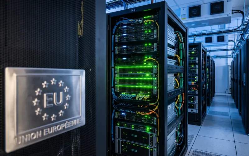 Datacenter européen hébergeant les serveurs OVHcloud pour les agents vocaux IA conformes RGPD