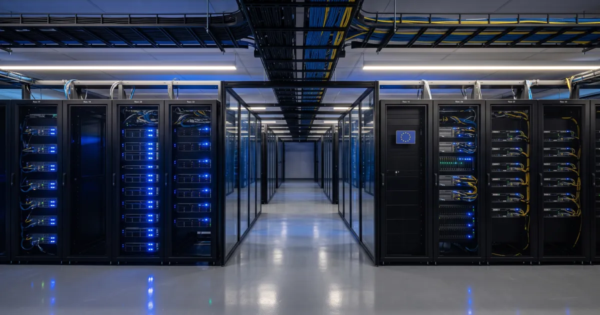 Salle de serveurs d'un datacenter européen avec racks et indicateurs LED — infrastructure RGPD pour agent vocal IA