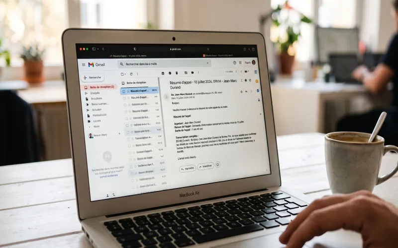 Boite mail Gmail affichant un email de transcription d'appel envoyé automatiquement par Konten, avec résumé et verbatim complet