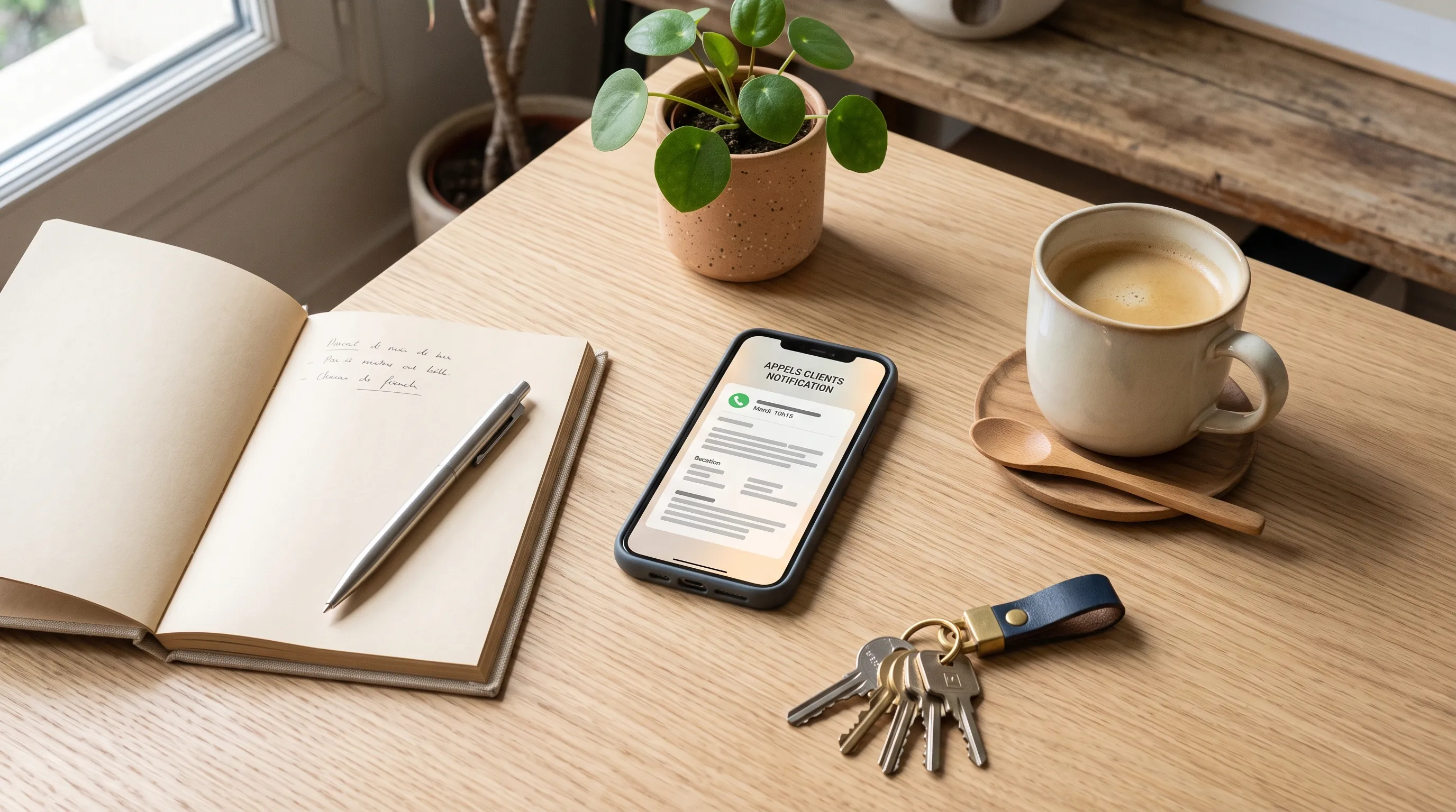 Vue plongeante d'un bureau PME avec smartphone affichant un email de transcription d'appel structuré — Konten agent vocal IA