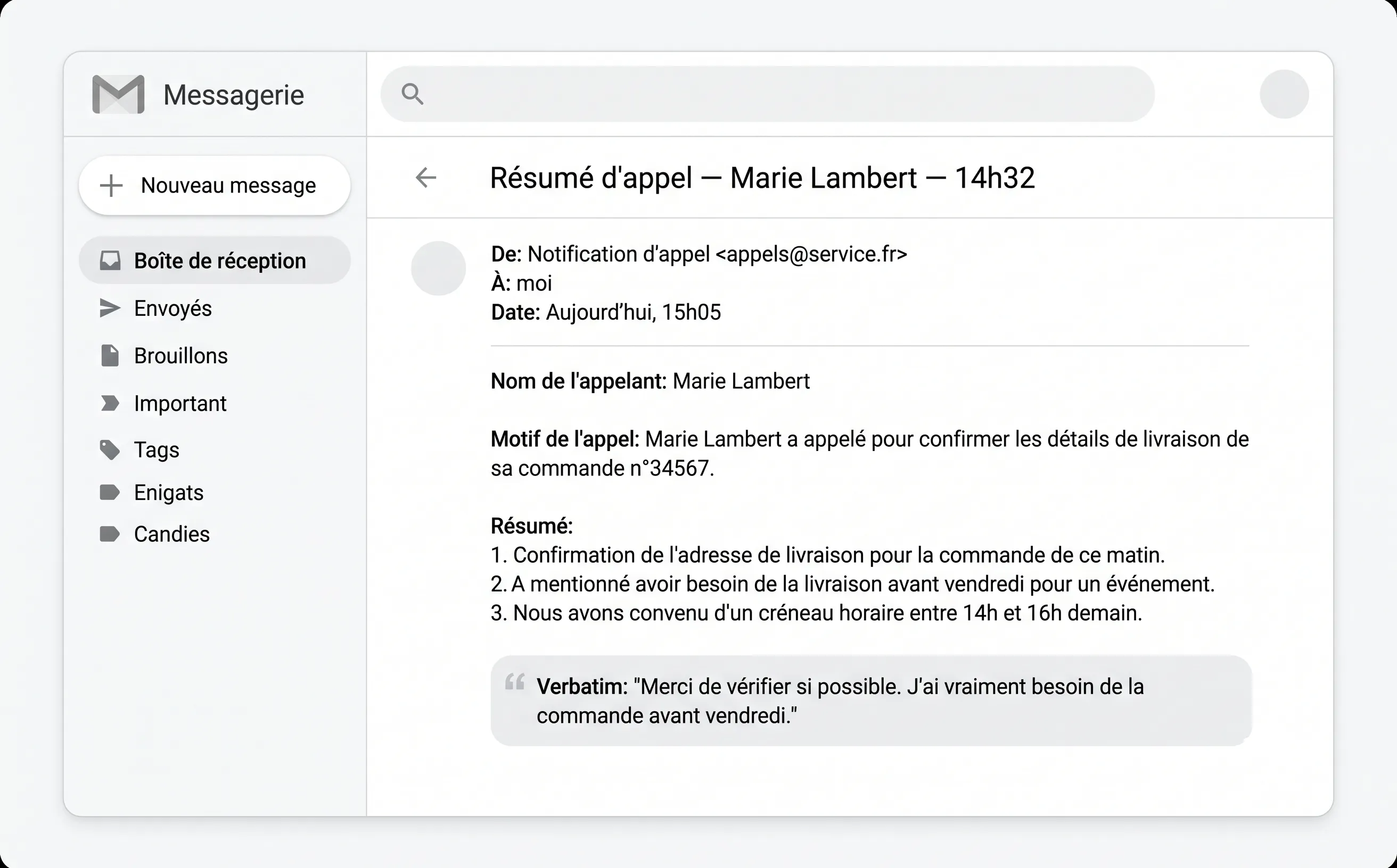 Email de transcription automatique envoyé par Konten après un appel, montrant le résumé structuré et le verbatim complet de la conversation