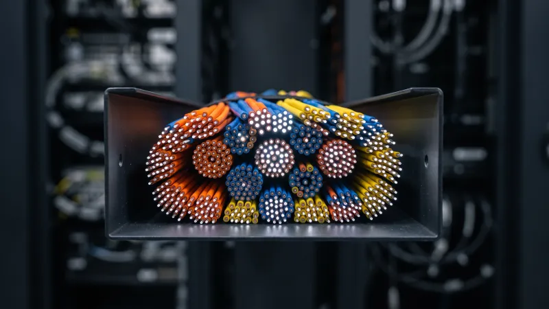 Macro photographie de fibres optiques dans un datacenter européen -- infrastructure souveraine pour agent vocal IA Konten