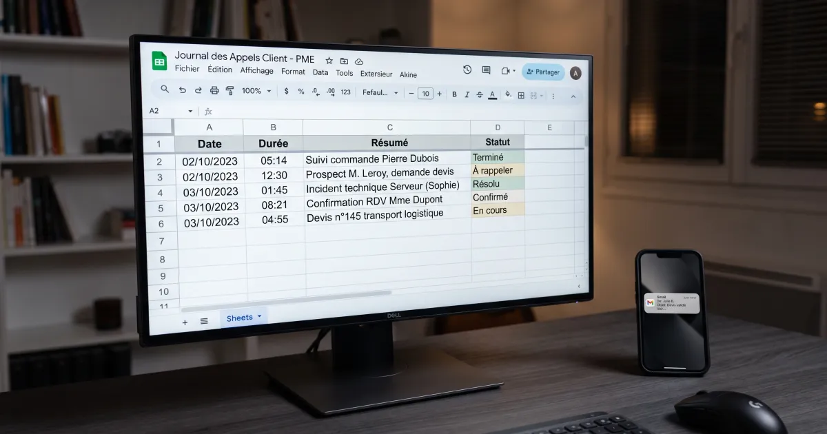 Écran d'ordinateur affichant un Google Sheets avec des données d'appels structurées — intégration native agent vocal IA Konten