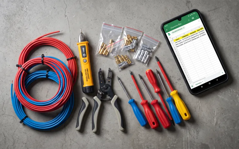 Outils d'électricien professionnels avec smartphone affichant un tableau de suivi Google Sheets
