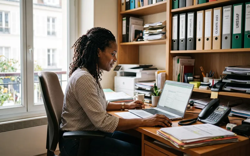 Dirigeante de PME travaillant à son bureau, les appels gérés automatiquement par un agent vocal IA