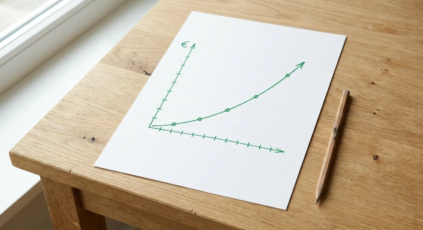 Courbe ascendante tracée sur papier millimétré représentant les économies cumulées générées par un agent vocal IA sur 12 mois