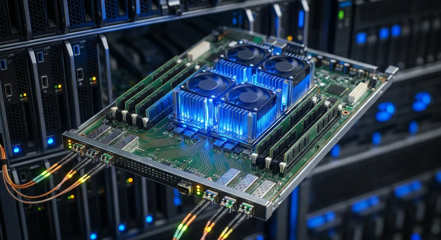 Rack de serveurs représentant l'infrastructure technique qui alimente Voxtral TTS pour les standards téléphoniques IA